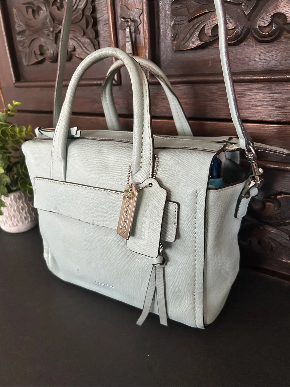 Coach Light Blue Leather Satchel with Top Handles